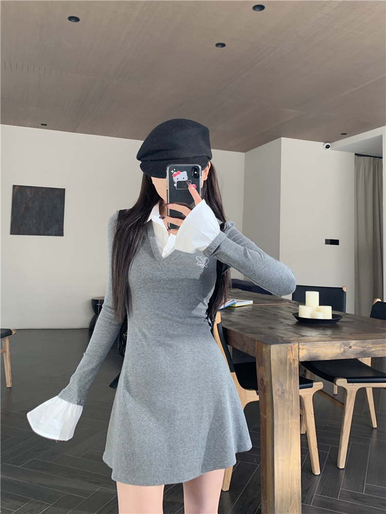 實拍~高級感辣妹連衣裙女氣質顯瘦針織設計感假兩件襯衫領