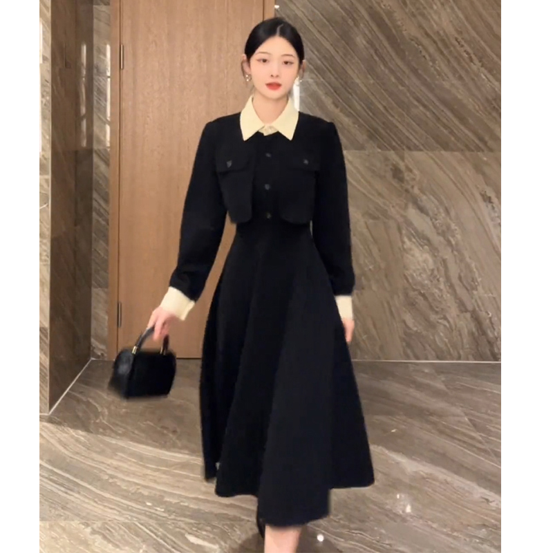 連衣裙撞色翻領氣質收腰線假兩件裙子高級感小眾連衣裙女
