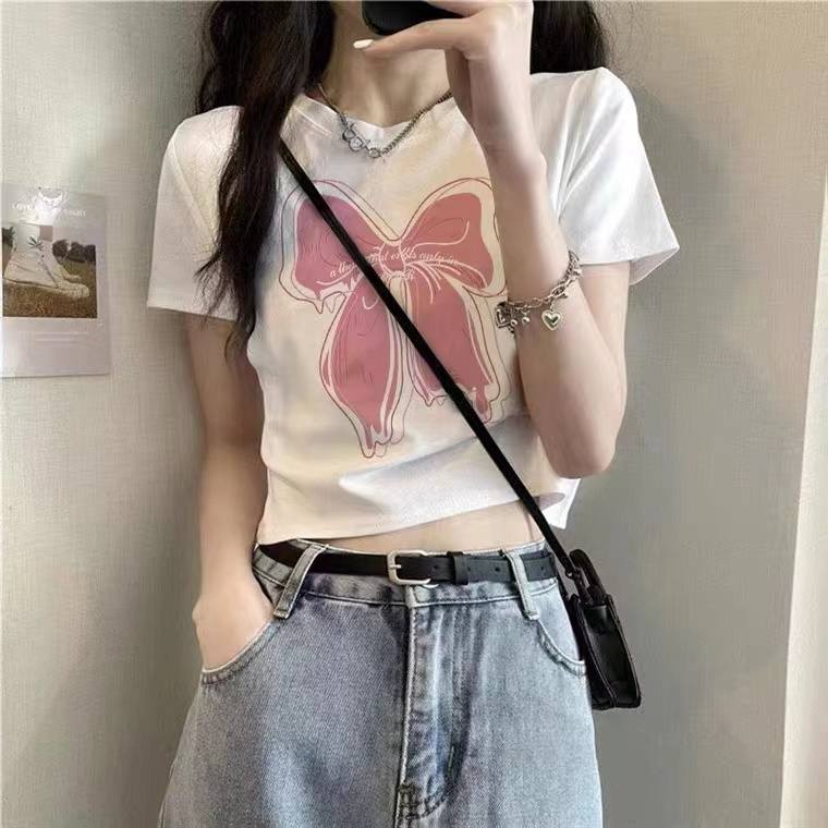 短款白色印花質感短袖T恤女2024夏季新款潮牌修身上衣ins