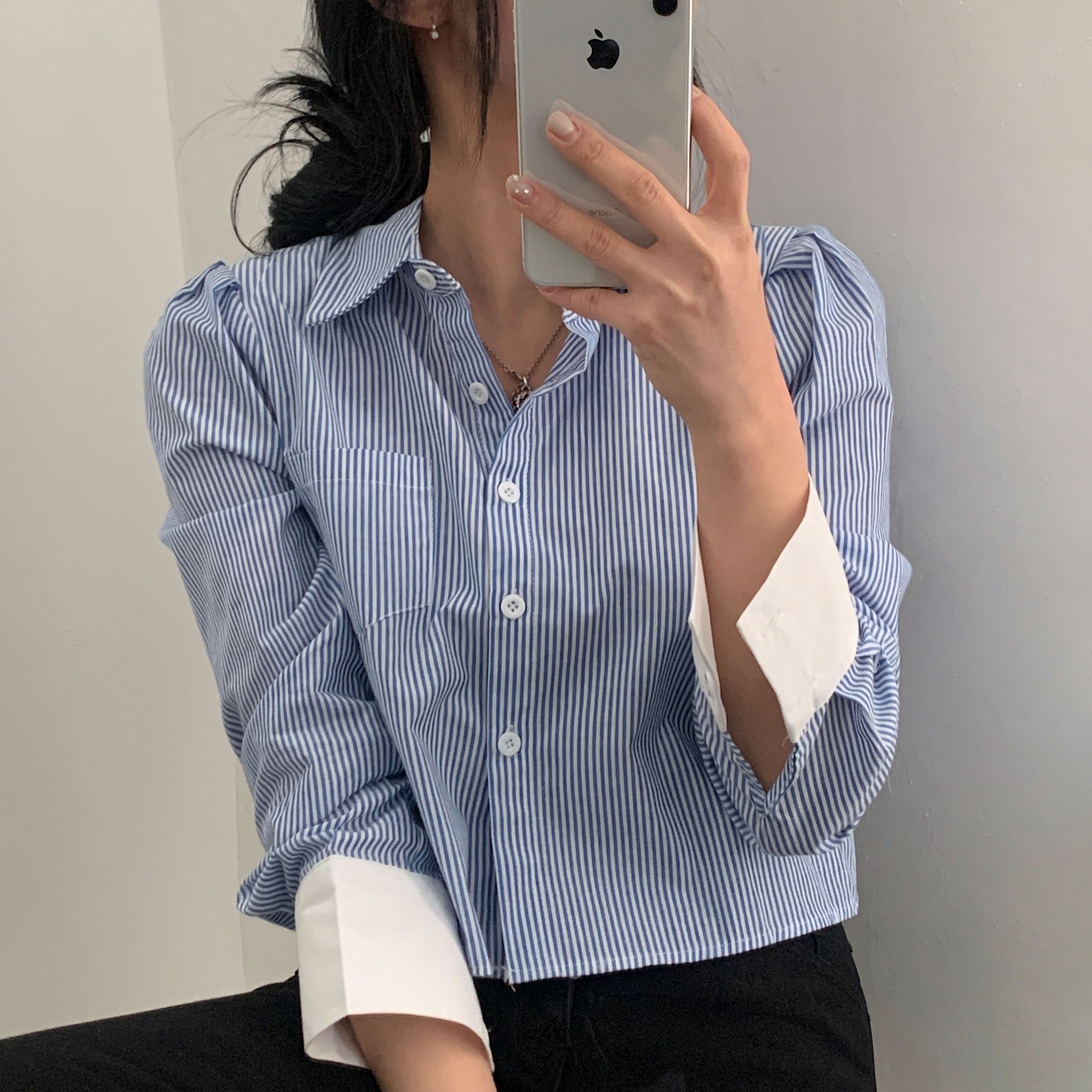 Korean ins striped patchwork shirt