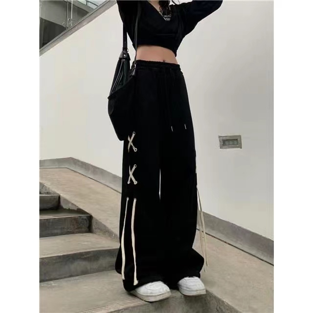 學生個性甜酷嘻哈闊腿褲女春秋裝原宿風大碼寬鬆系帶小眾拖地褲子