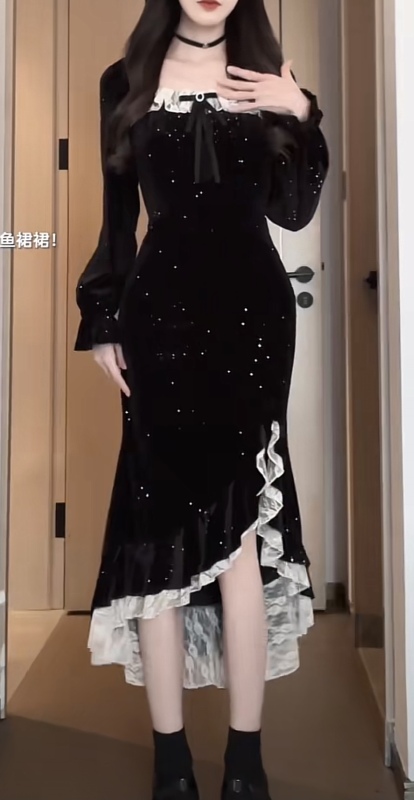 松本喪喪美人魚裙裙亮閃開叉魚尾擺絲絨連衣裙