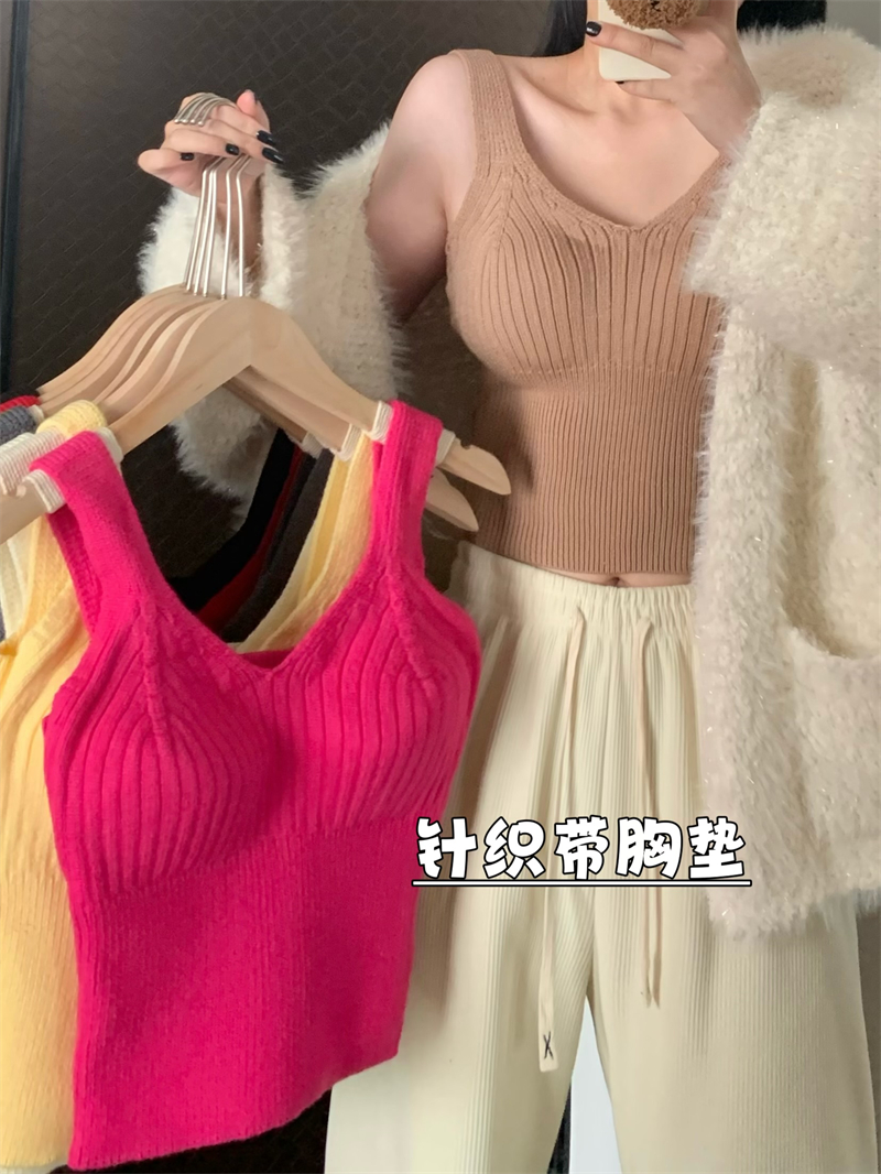 實拍秋冬加厚針織背心帶胸墊顯瘦外穿打底吊帶上衣
