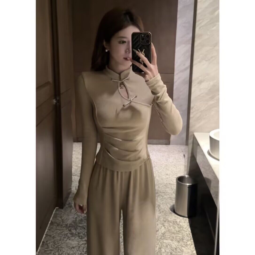 茶里茶氣復古套裝女不規則上衣深冬裝搭配一整套褲子高級感兩件套
