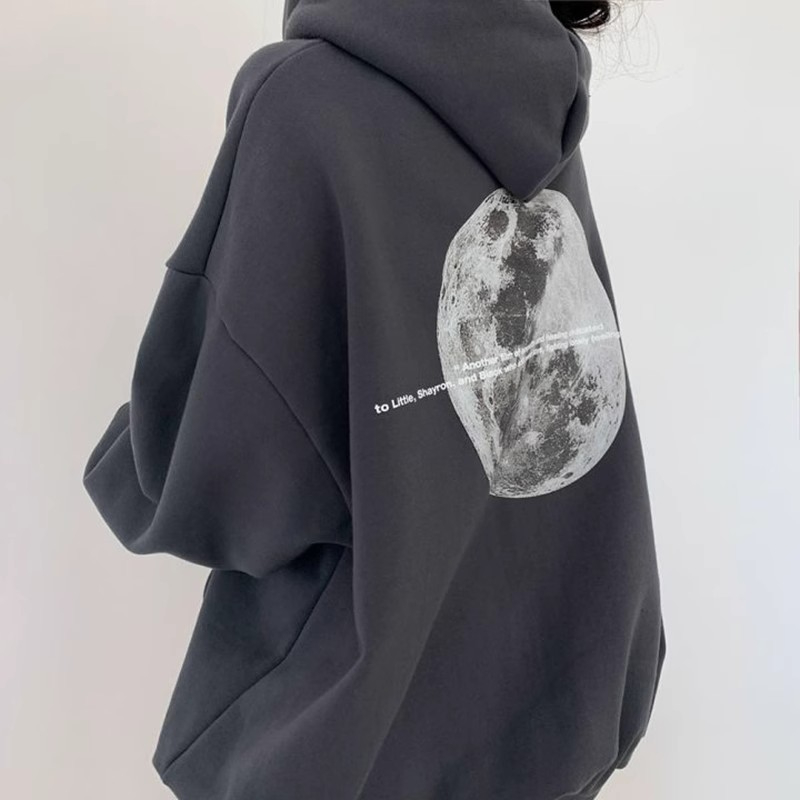 Pure cotton back strip autumn and winter hooded drawstring printed double pocket loose thin sweatshirt for women