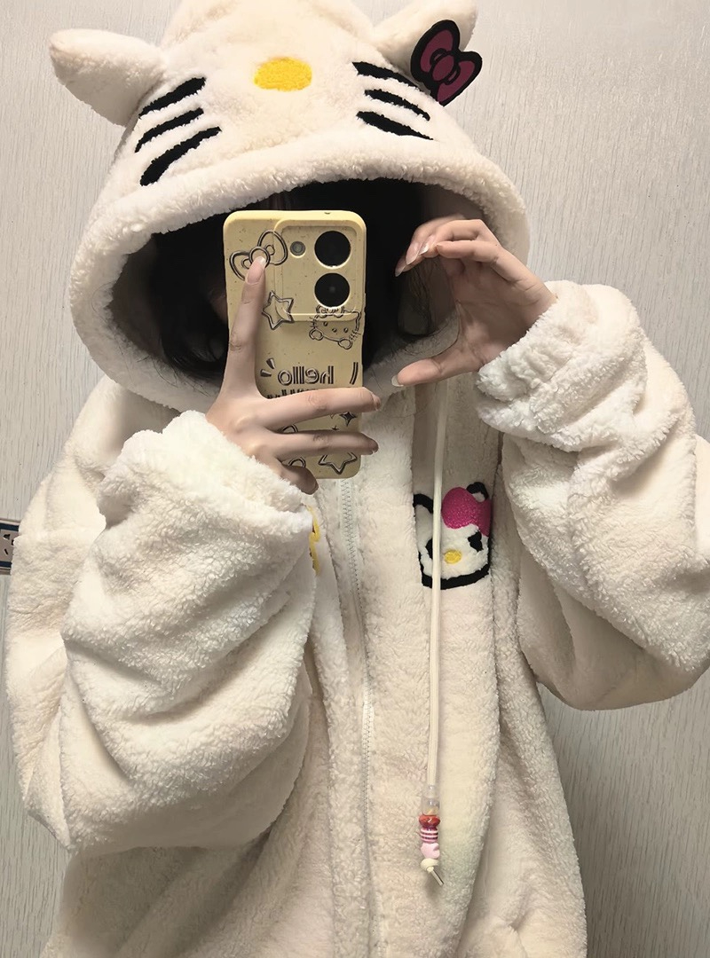 羊羔絨日系可愛凱蒂貓外套女秋冬寬鬆衛衣棉衣棉服