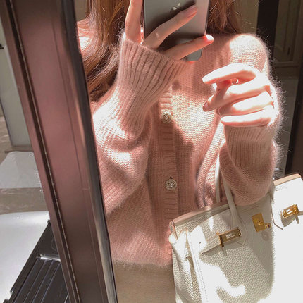 New Korean style gentle and lazy pink sweater jacket for women loose outer sweater cardigan top