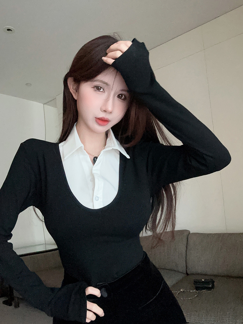 實拍 純欲黑色假兩件襯衫領長袖百搭顯瘦休閒打底套頭短款上衣