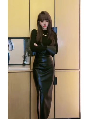 Temperament French high-end black dress two-piece suit women's autumn and winter leather skirt Hepburn style skirt new style