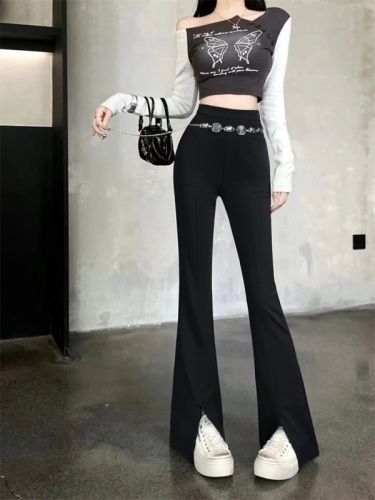 Real shot!  2024 Retro Style Versatile Slim High Waist Slit Elastic Slim Double Pocket Flared Trousers