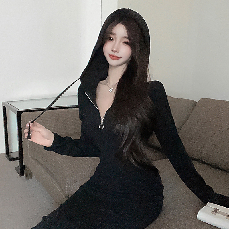 實拍後包邊大碼法式連帽長袖連衣裙女秋季黑色氣質顯瘦長裙