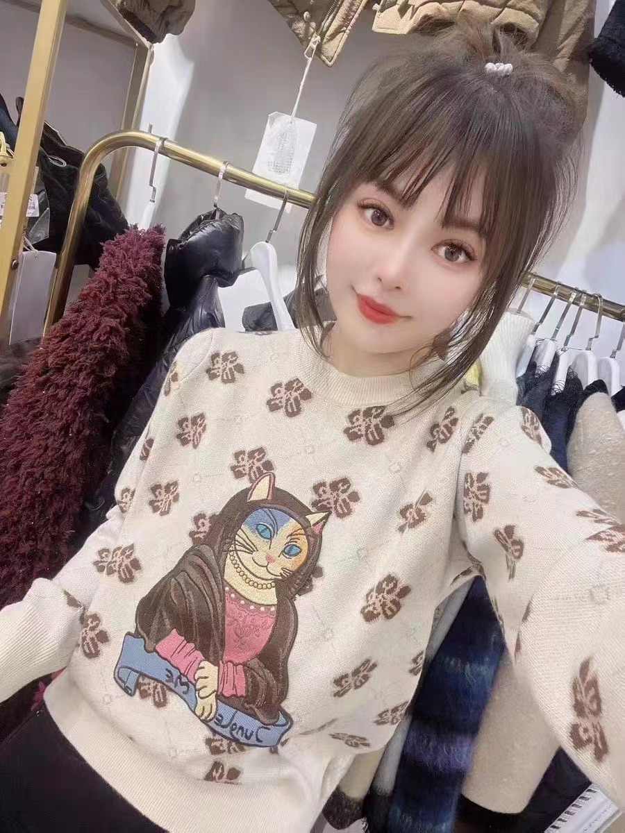 33044菱格短款毛衣女秋季新款設計感甜美卡通提花針織衫上衣