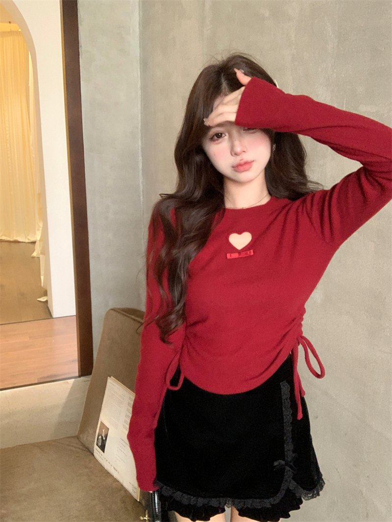 German velvet fabric Tmall quality red autumn long-sleeved top short drawstring women's love hollow bottoming shirt