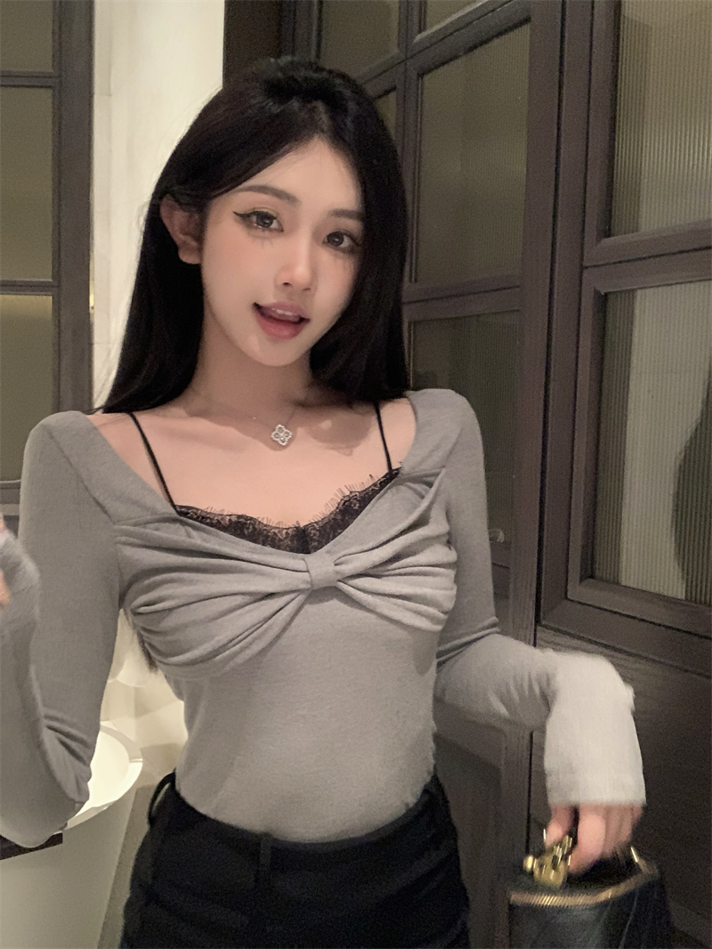 Real shot of sexy hot girl style stitched lace three-dimensional bow with bottoming shirt top