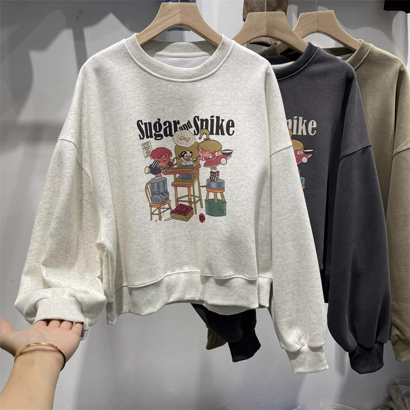 Early autumn composite loose retro American printed round neck sweatshirt for women