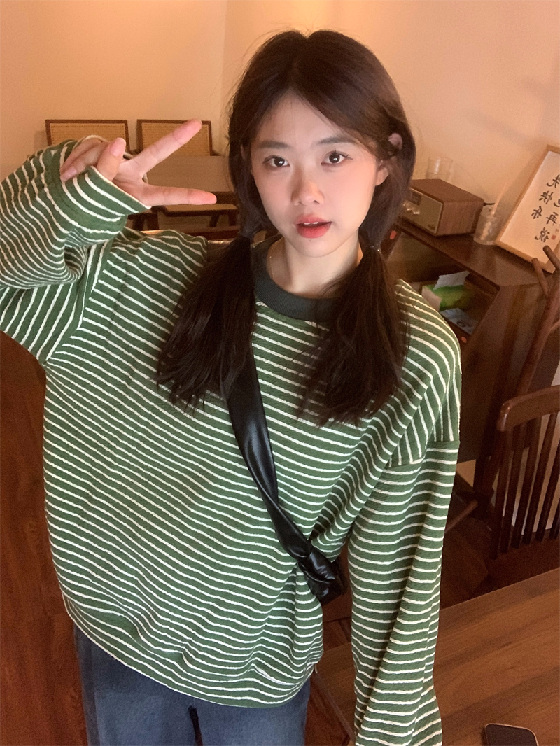 實拍~休閒條紋t恤女寬鬆設計感小眾衛衣女小個子秋冬新款