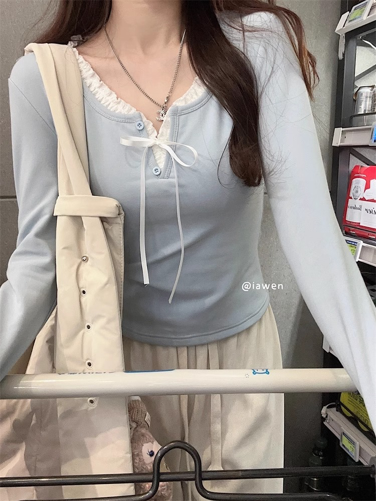bm純欲蕾絲內搭打底衫女秋冬芭蕾風修身顯瘦茶里茶氣法式掐腰上衣