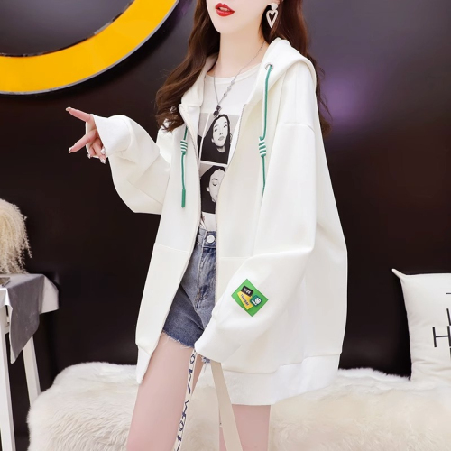 The first imitation cotton Chinese cotton composite non-pilling spring and autumn thin hooded loose versatile zipper sweatshirt women's jacket top