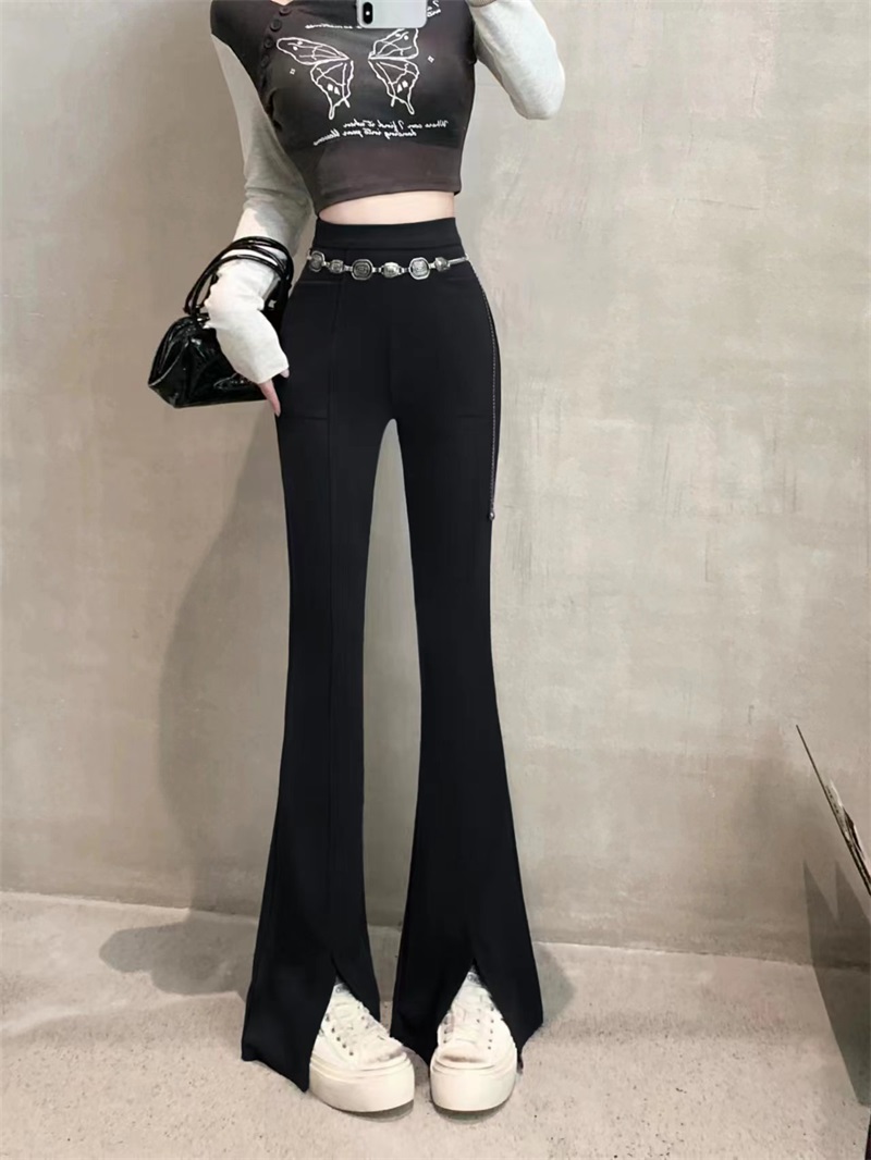 Real shot!  2024 Retro Style Versatile Slim High Waist Slit Elastic Slim Double Pocket Flared Trousers