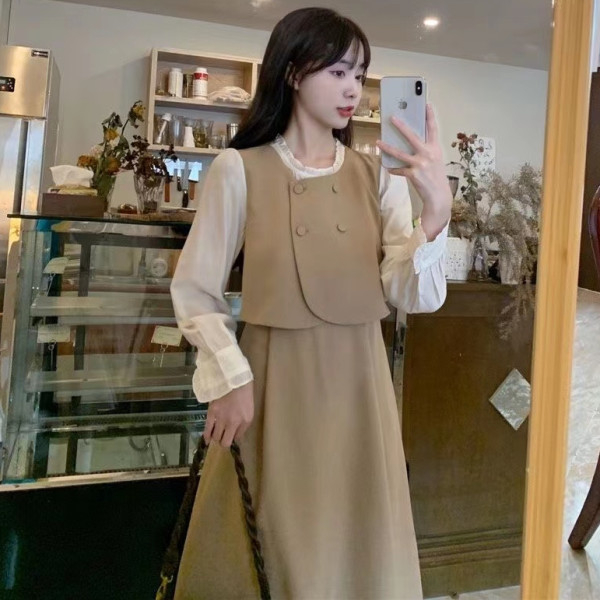 胖妹妹顯瘦長袖連衣裙2024早春新款別致立領顯瘦假兩件a字裙女