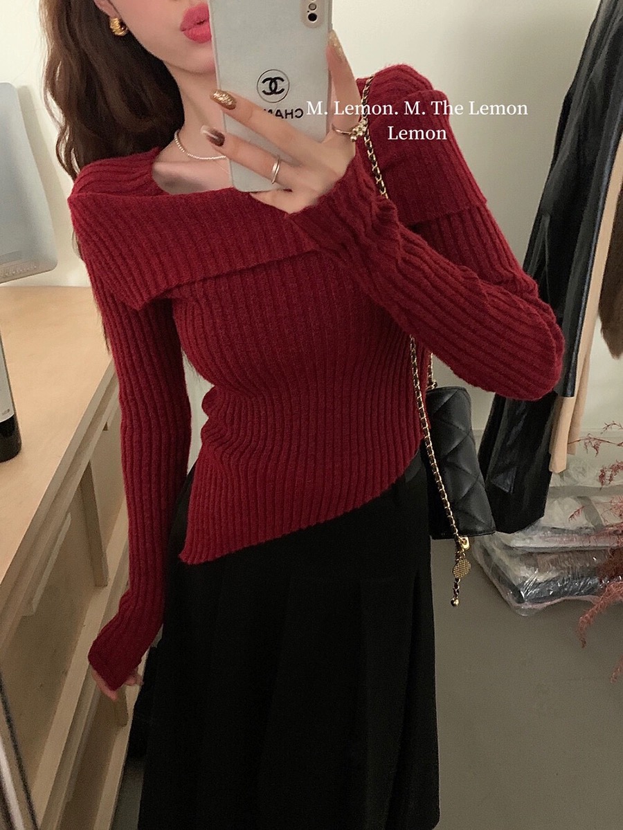 French gentle style one-shoulder design long-sleeved sweater for women autumn and winter slim fit stretch bottoming shirt top