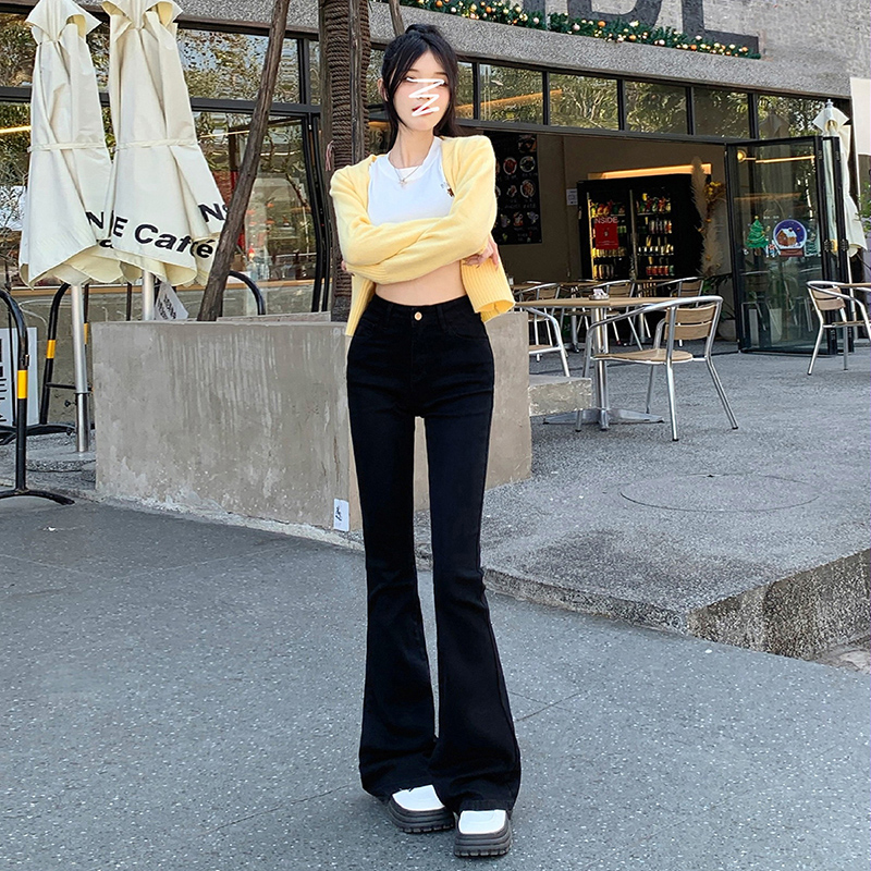 實拍~高腰顯瘦長褲黑色牛仔褲女23年新款彈力修身微喇叭ins潮百搭