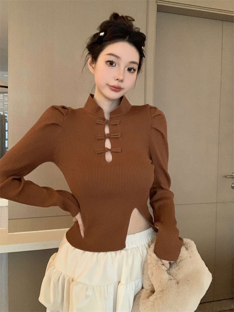 Actual shot of new Chinese-style retro Chinese-style buttoned sweater for women in autumn and winter, high-end knitted bottoming shirt top