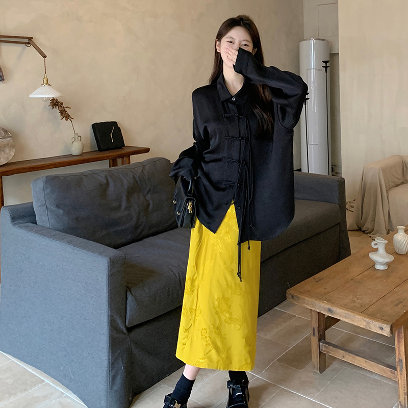 新中式大碼女裝套裝休閒國風襯衫簡約H型半裙兩件套