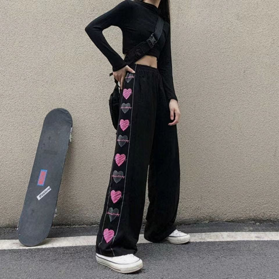 慵懶風顯瘦休閒長褲女春秋新款韓版愛心塗鴉百搭闊腿褲
