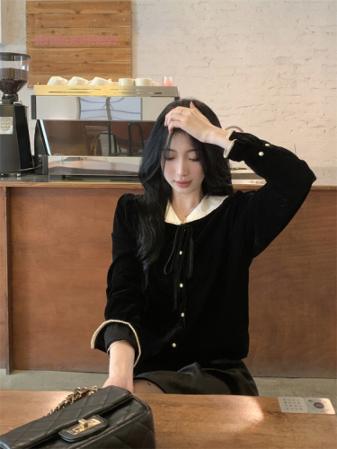 Actual shot~Designed straight velvet contrasting shirt, thick and temperamental early spring top, long-sleeved shirt for women
