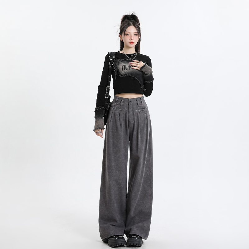實拍~隕石灰褶皺設計闊腿褲2024早春新款牛仔褲女高腰長褲ins韓版