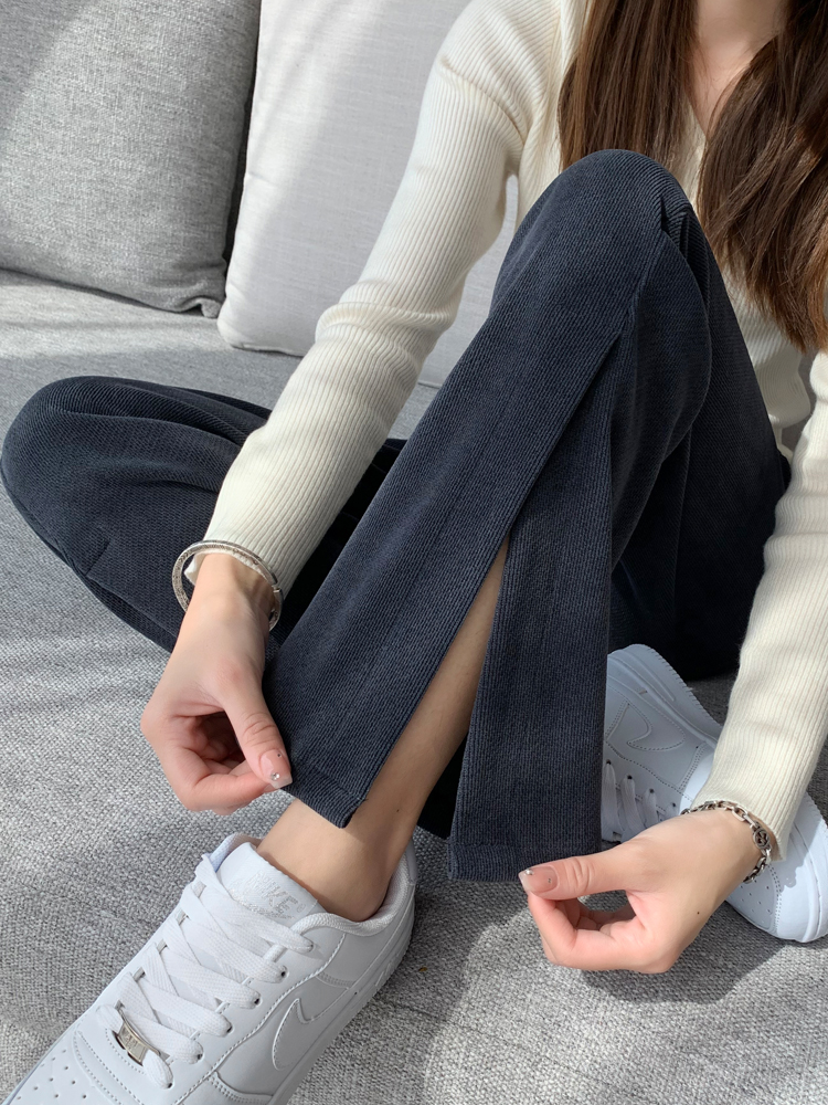 實拍闊腿褲女春秋2024新款高腰垂感開衩闊腿微喇褲簡約寬鬆型長褲