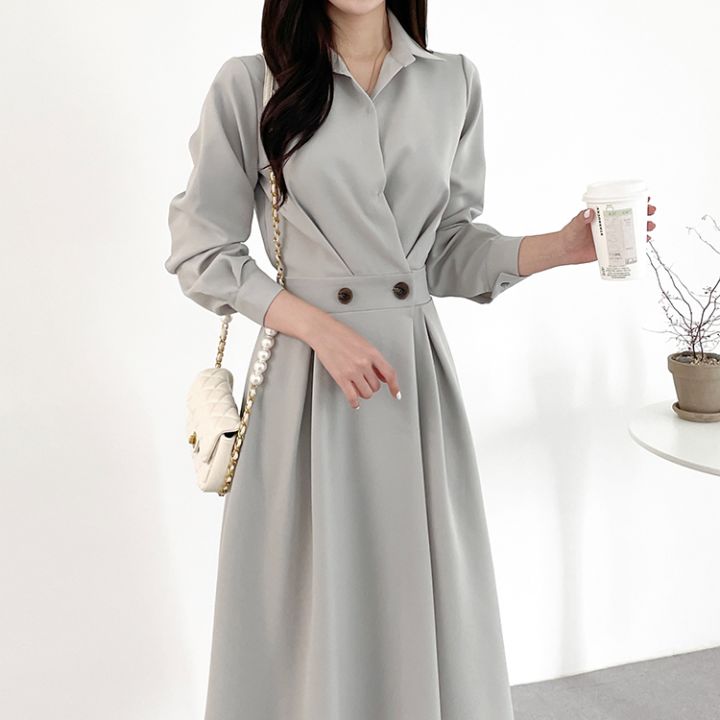 Size update Korean chic spring French niche design waist slimming long-sleeved buttoned dress