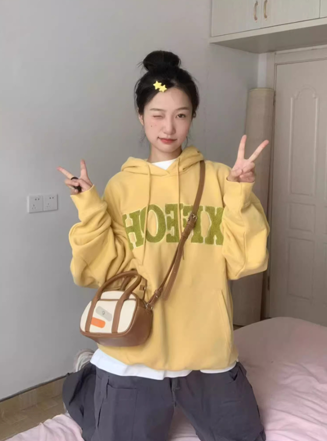Double-layered hood with back collar, non-balling, with cotton screw thread, imitation cotton Chinese cotton composite 310g thin sweatshirt for women with towel embroidery