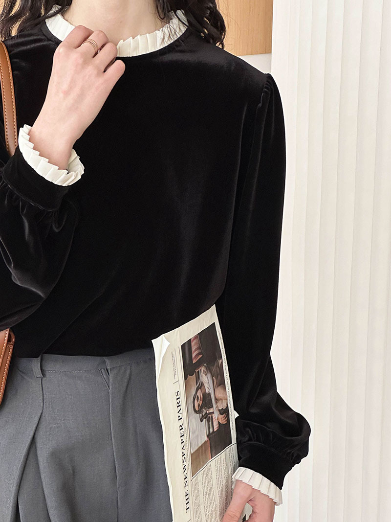 Real shot ~ Lace round neck velvet top for women 2024 spring new style French elegant simple splicing shirt
