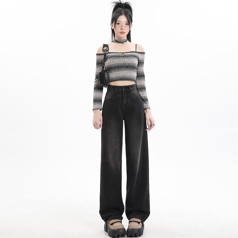 2024 Nostalgic Blue Black Gray Spring New Straight Leg Pants Wide Leg Pants Women's Jeans Trousers, Extra Long Pants