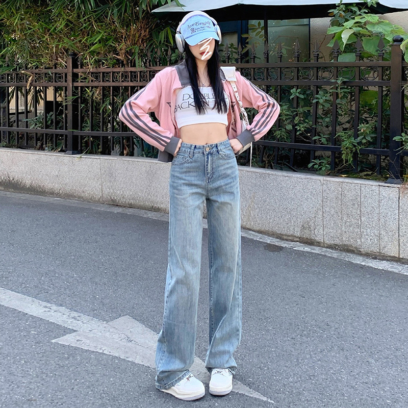 實拍~2024春秋高腰窄版闊腿牛仔褲女美式復古寬鬆垂感拖地直筒褲