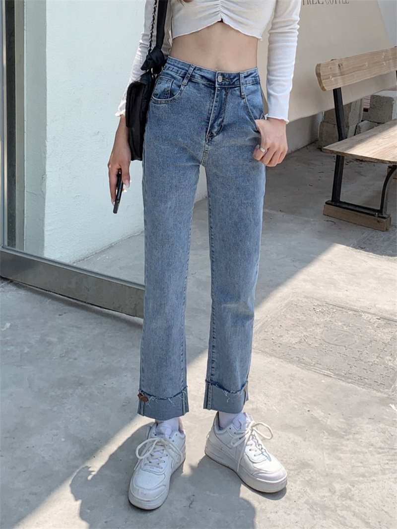實拍 早春新款高腰彈力直筒卷邊寬鬆顯瘦九分牛仔褲女