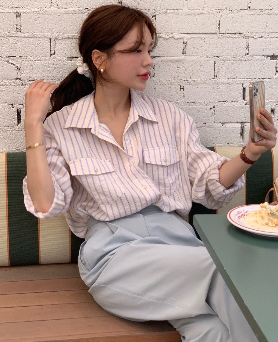 ！韓國ins復古休閒寬鬆小眾polo領春季長袖襯衫條紋防曬衫