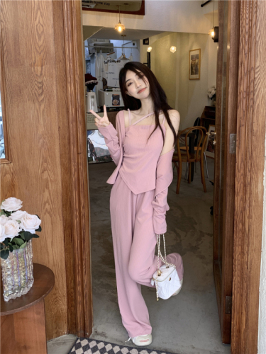 Original three-piece temperament age-reducing pink fashion suit for women spring irregular cardigan wide-leg pants