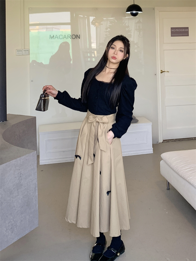 實拍  早春50032法式針織上衣+50033蝴蝶結傘裙氣質半身裙兩件套