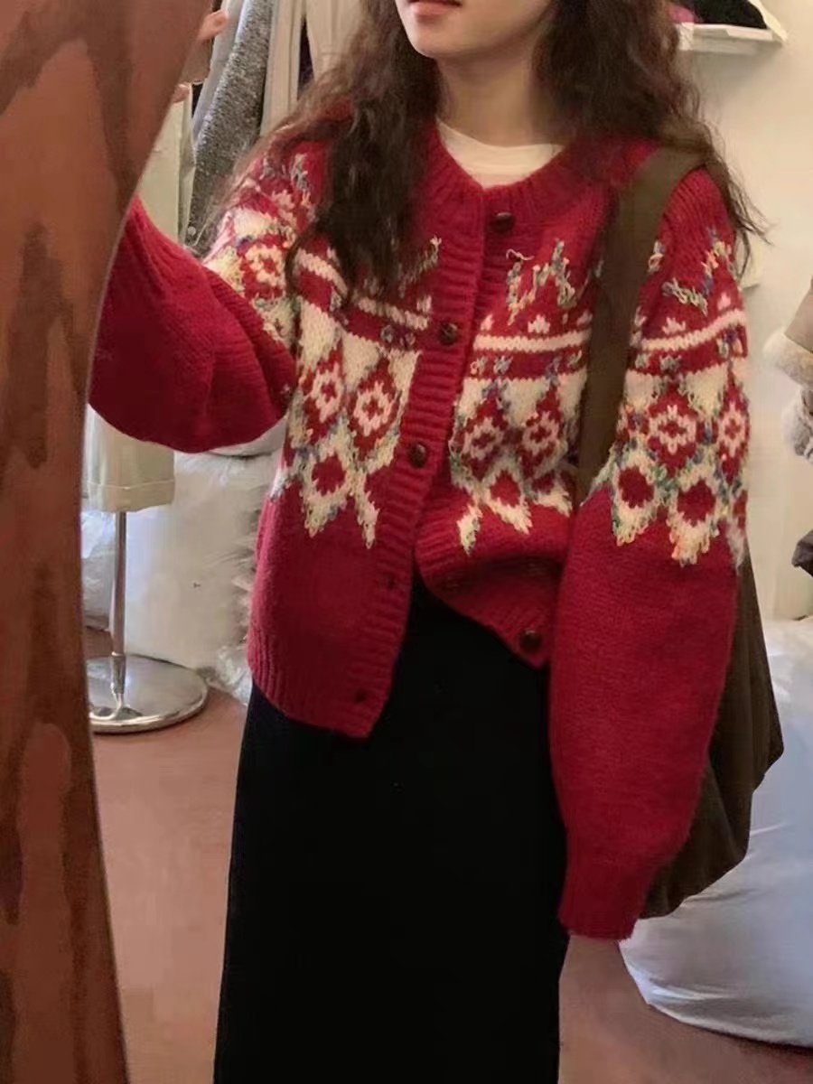 慵懶撞色菱格圓領毛衣外套女2024早春新款加厚聖誕費爾島針織開衫