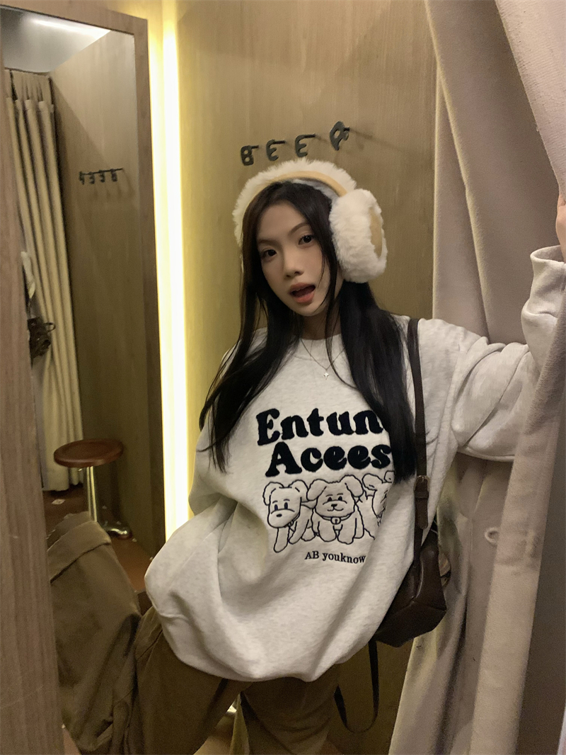 實拍~原創  美式復古小狗字母毛巾繡加絨銀狐絨寬鬆衛衣