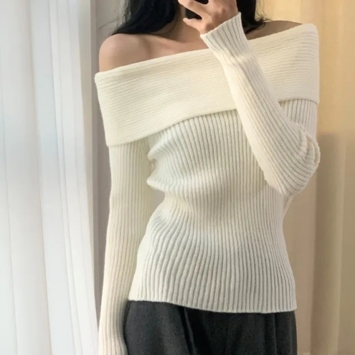 ins Korean style spring retro temperament versatile simple one-line collar off-shoulder lazy style knitted sweater top
