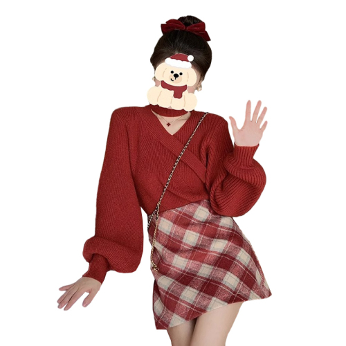 红色跨年新年秋冬装搭配一整套新款针织毛衣格子半身裙两件套