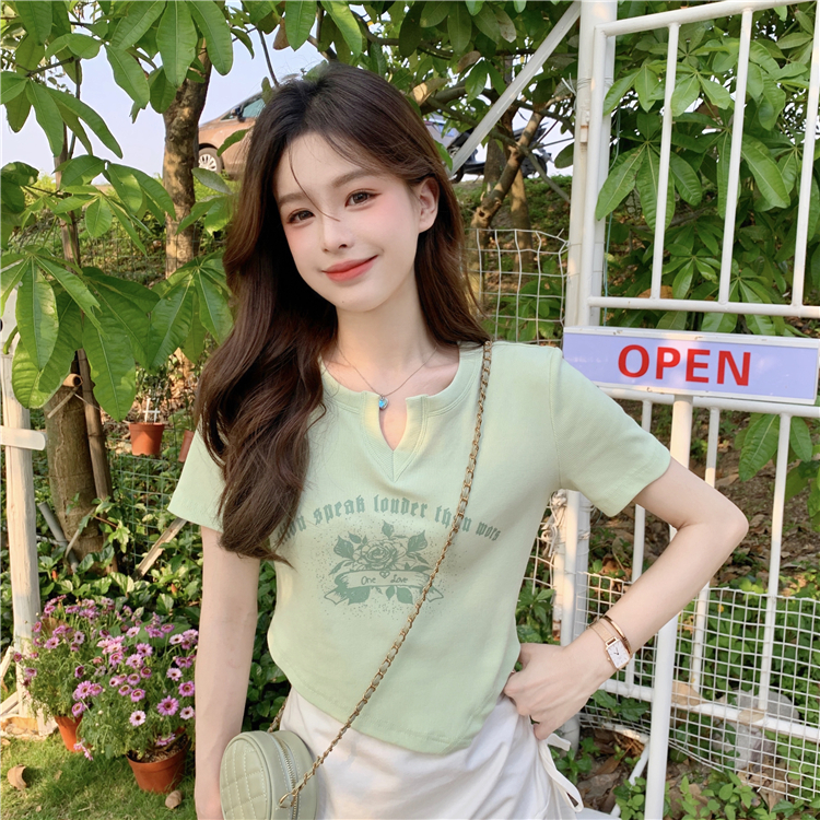 不規則設計感V領短袖T恤女短款上衣
