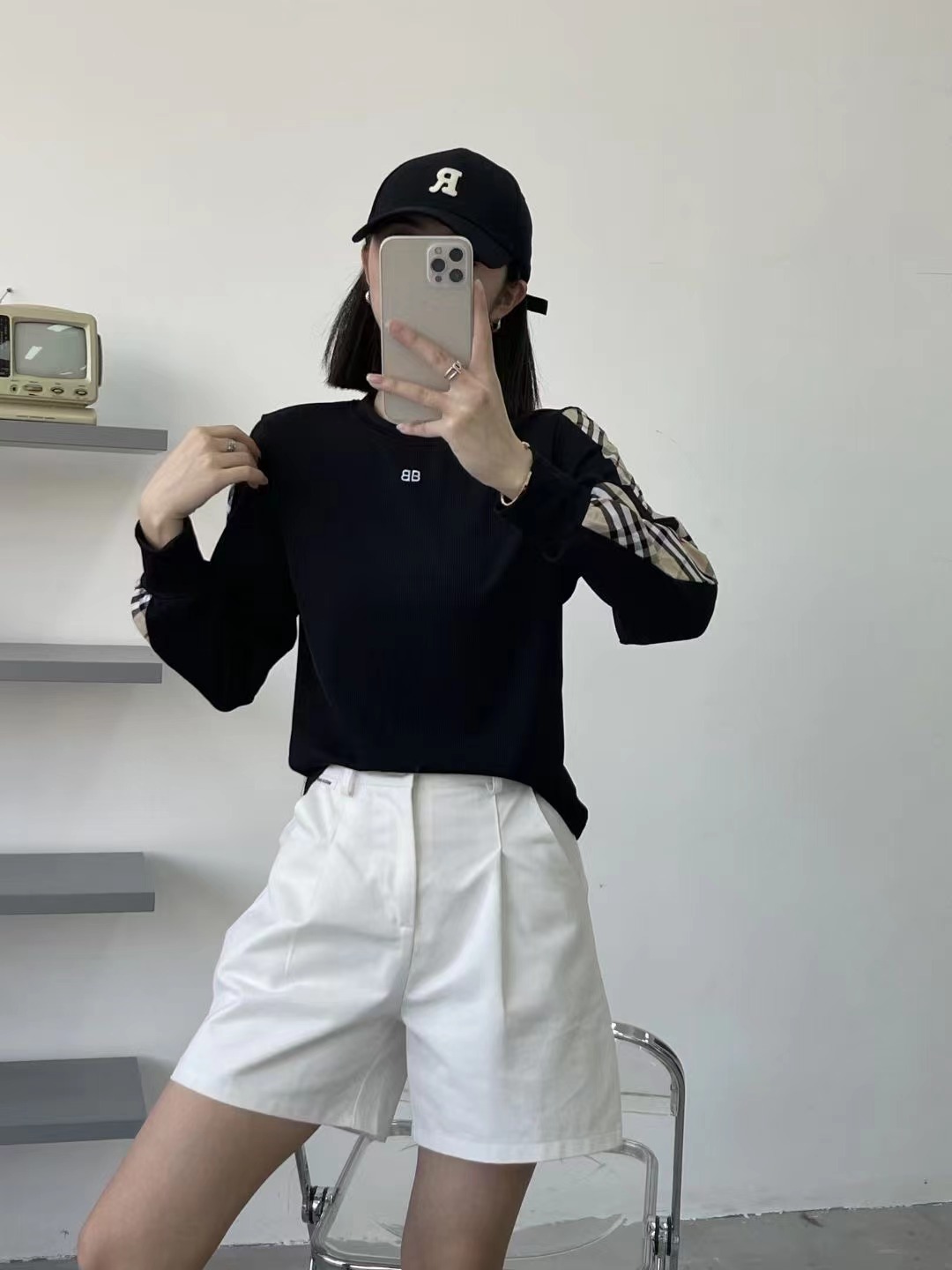 歐貨設計感拼接印花圓領長袖T恤女2024早春新款洋氣上衣打底衫潮
