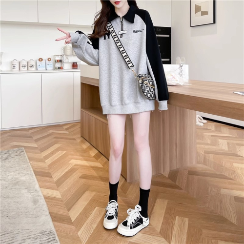 The first release of imitation cotton Chinese cotton composite ball-free spring and autumn thin Polo collar loose versatile zipper sweatshirt women's trendy tops