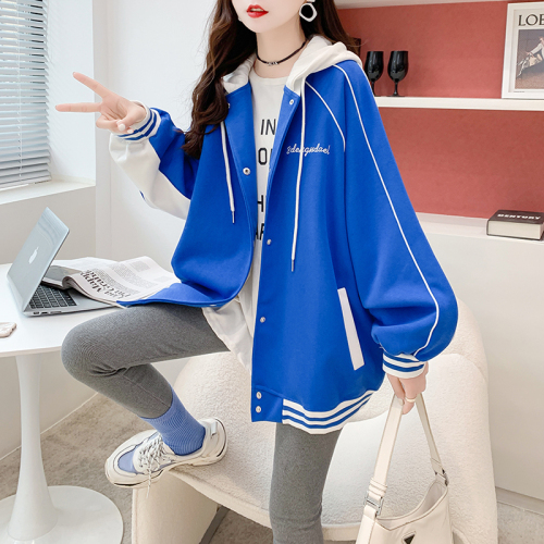 Real shot of Chinese cotton pure cotton composite design hooded sweatshirt cardigan coat for women autumn loose casual lazy style top