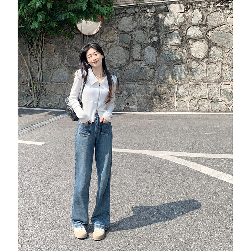 今年流行的漂亮小衫Polo領短款長袖T恤女秋季雙拉鏈高腰修身上衣